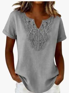 Embroidered V-Neck Short Sleeve Tunic Top - Gray